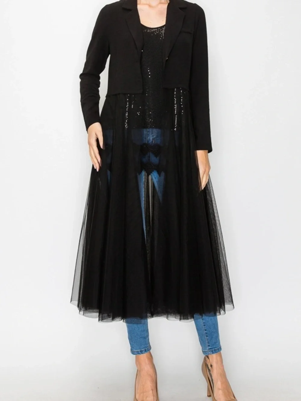 Black Long Tulle Overlay Cropped Blazer large